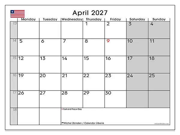 Printable April 2027 calendar - Liberia