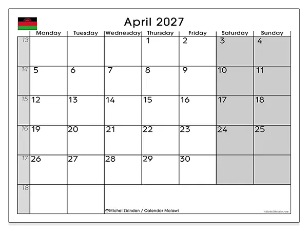Printable April 2027 calendar - Malawi
