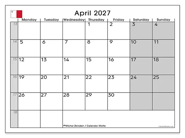 Printable April 2027 calendar - Malta