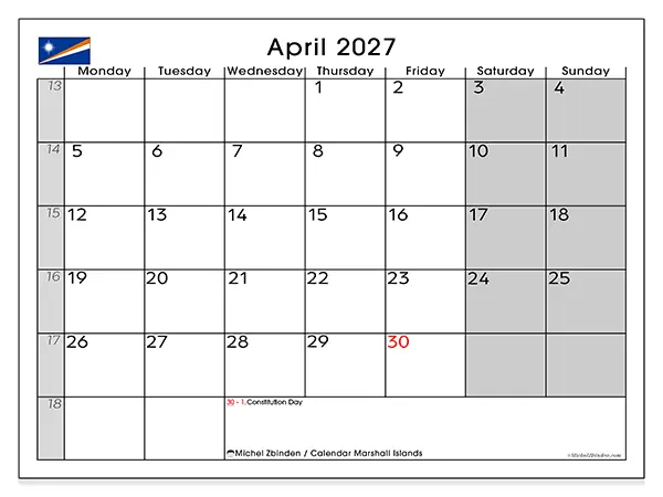 Printable April 2027 calendar - Marshall Islands