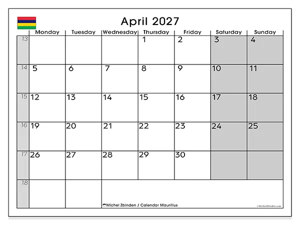 Printable April 2027 calendar - Mauritius