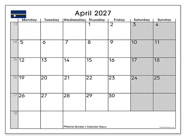 Printable April 2027 calendar - Nauru