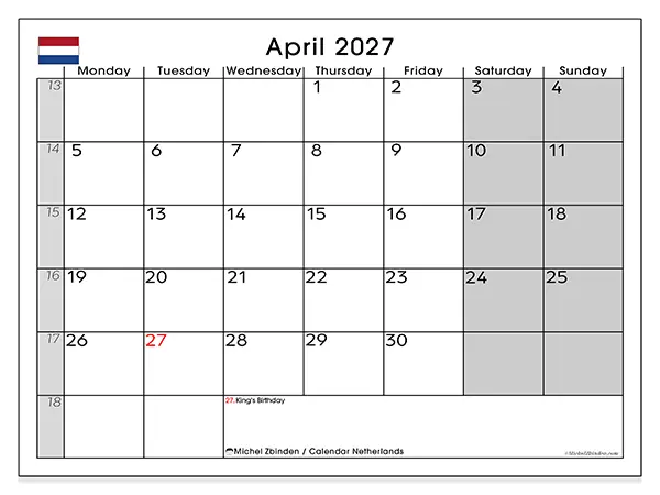 Printable April 2027 calendar - Netherlands