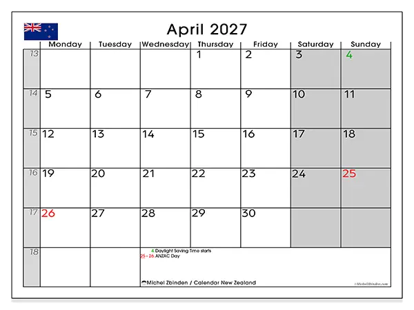 Printable April 2027 calendar - New Zealand