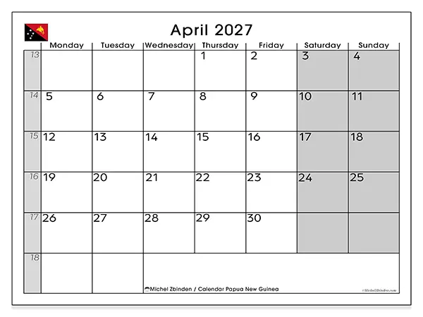 Printable April 2027 calendar - Papua New Guinea