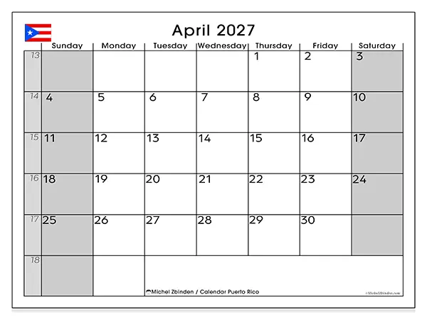 Printable April 2027 calendar - Puerto Rico