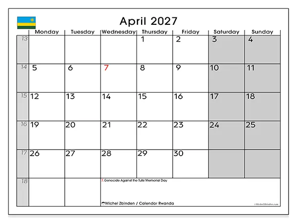 Printable April 2027 calendar - Rwanda