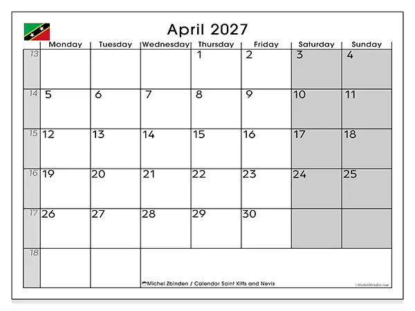 Printable April 2027 calendar - Saint Kitts and Nevis