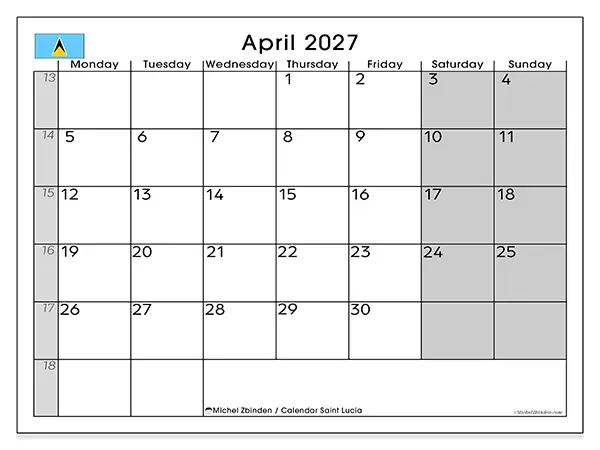 Printable April 2027 calendar - Saint Lucia
