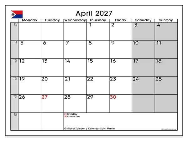 Printable April 2027 calendar - Saint Martin