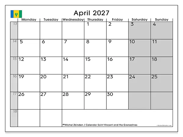 Printable April 2027 calendar - Saint Vincent and the Grenadines