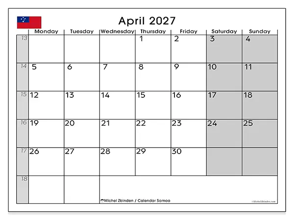 Printable April 2027 calendar - Samoa