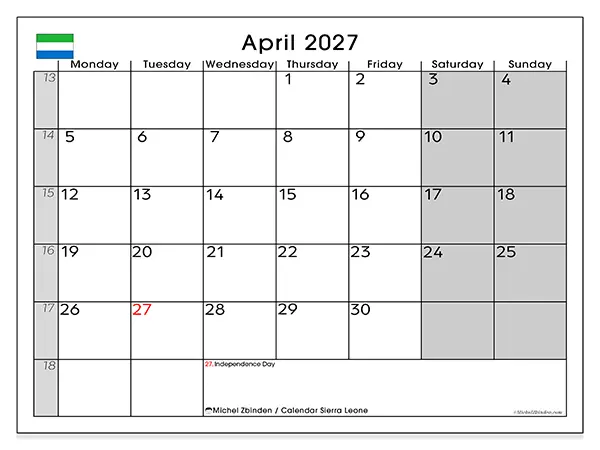 Printable April 2027 calendar - Sierra Leone