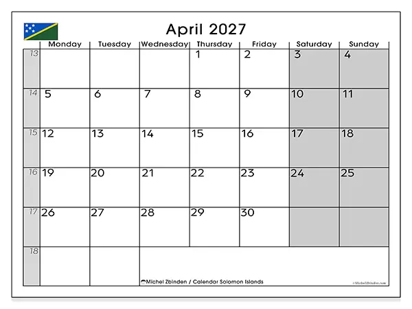 Printable April 2027 calendar - Solomon Islands