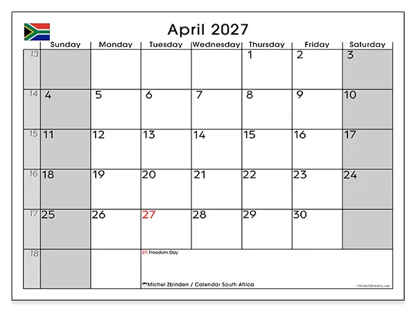 Printable April 2027 calendar - South Africa