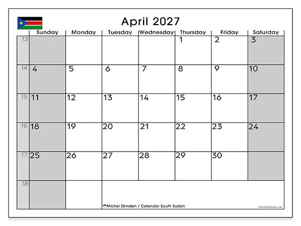 Printable April 2027 calendar - South Sudan