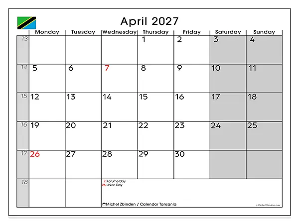 Printable April 2027 calendar - Tanzania