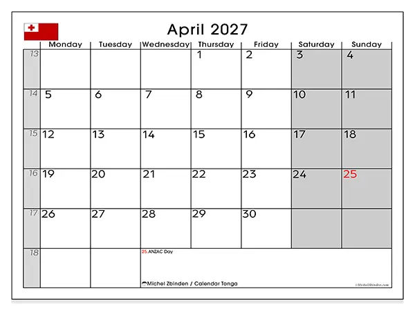 Printable April 2027 calendar - Tonga