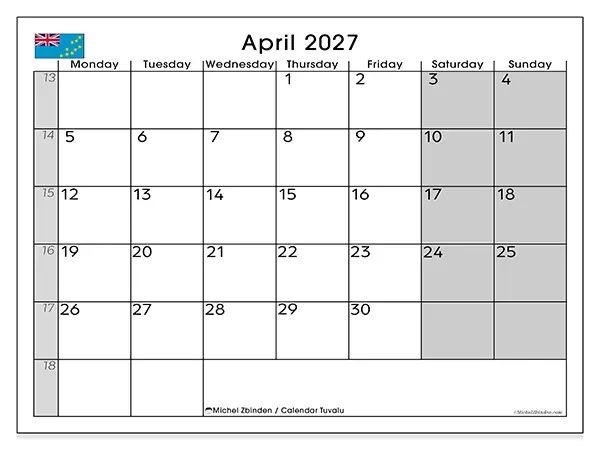 Printable April 2027 calendar - Tuvalu
