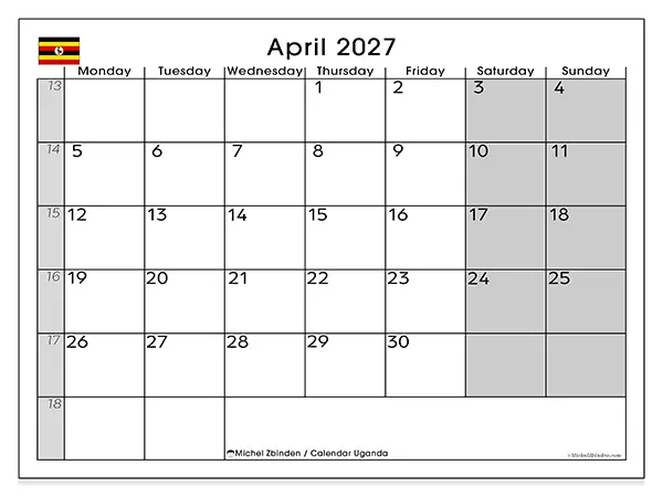 Printable April 2027 calendar - Uganda