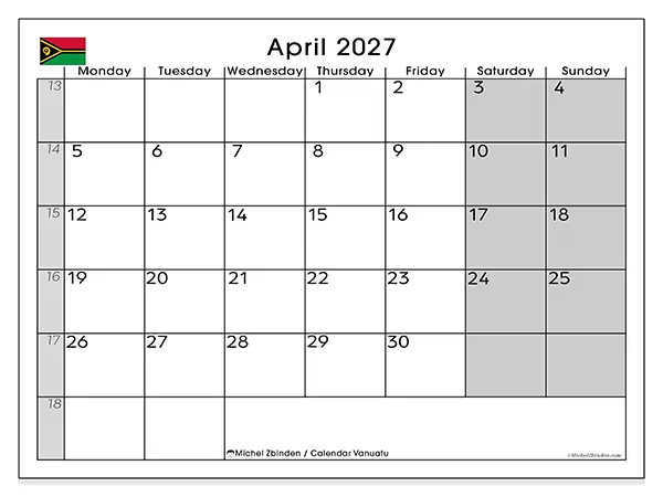 Printable April 2027 calendar - Vanuatu