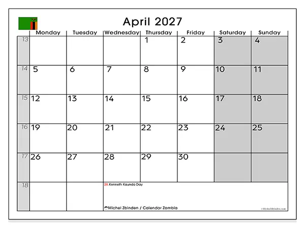 Printable April 2027 calendar - Zambia