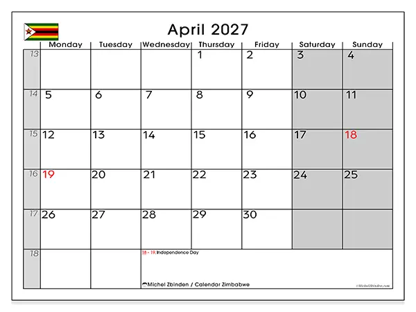Printable April 2027 calendar - Zimbabwe