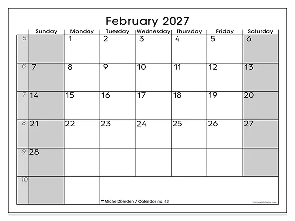 Printable February 2027 calendar - Perfect organization - Week from Sunday to Saturday