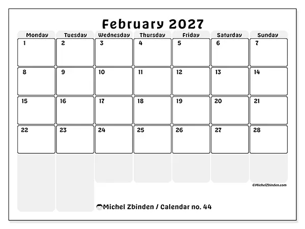 Printable February 2027 calendar - Structured planning