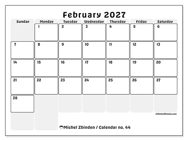 Printable February 2027 calendar - Structured planning - Week from Sunday to Saturday