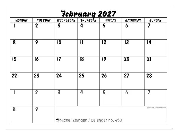 Printable February 2027 calendar - Detailed organization