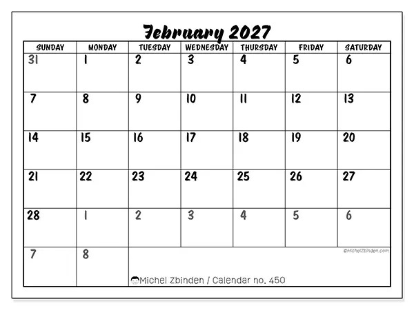 Printable February 2027 calendar - Detailed organization - Week from Sunday to Saturday