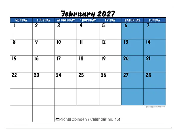 Printable February 2027 calendar - Dynamic organization