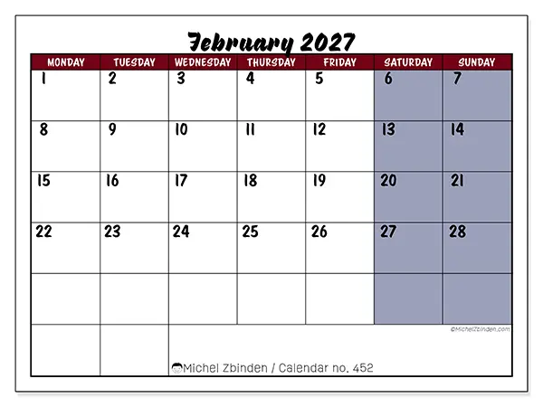 Printable February 2027 calendar - Colorful productivity