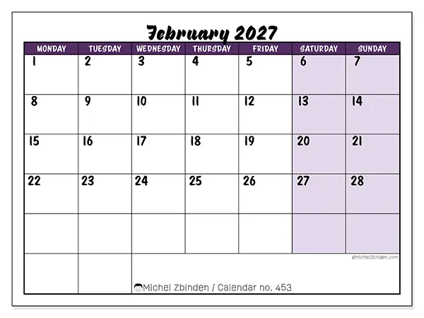 Printable February 2027 calendar - Colorful efficiency