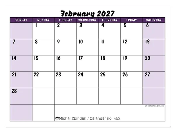 Printable February 2027 calendar - Colorful efficiency - Week from Sunday to Saturday