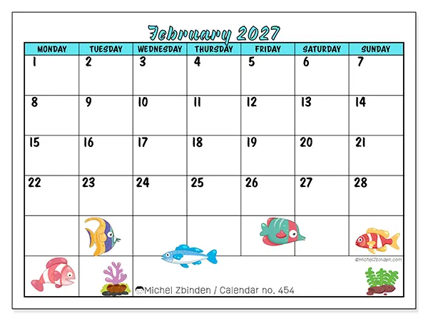 Printable February 2027 calendar - Colorful fish