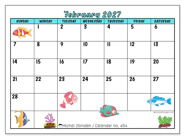 Printable February 2027 calendar - Colorful fish - Week from Sunday to Saturday
