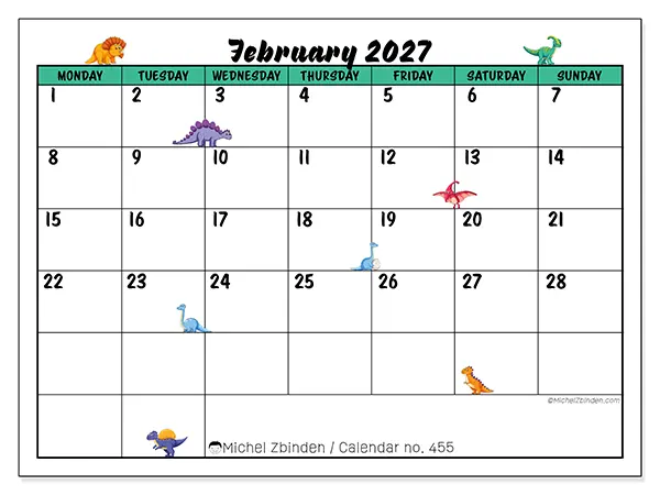 Printable February 2027 calendar - Little dinosaurs