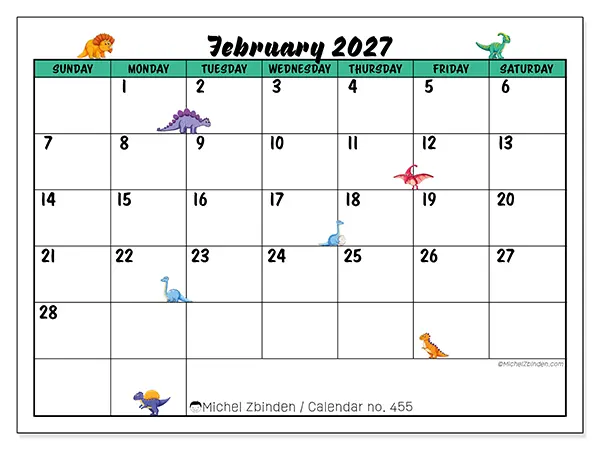 Printable February 2027 calendar - Little dinosaurs - Week from Sunday to Saturday