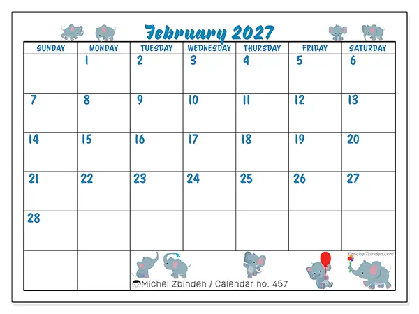 Printable February 2027 calendar - Little elephants - Week from Sunday to Saturday