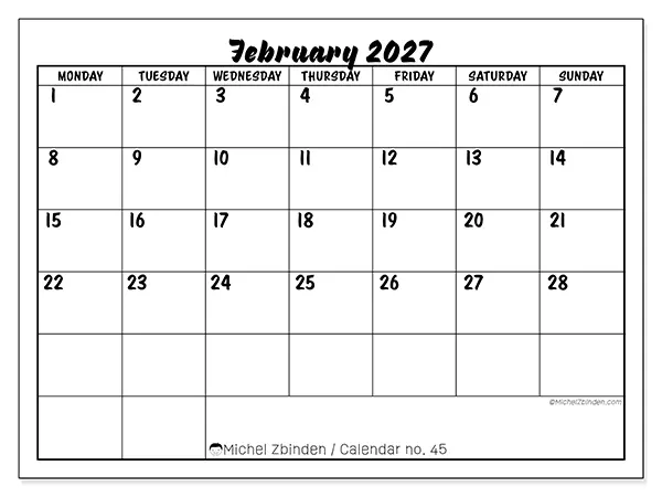 Printable February 2027 calendar - Academic success