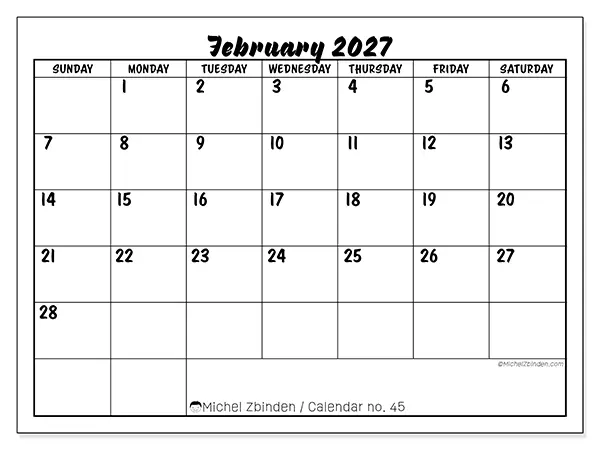 Printable February 2027 calendar - Academic success - Week from Sunday to Saturday