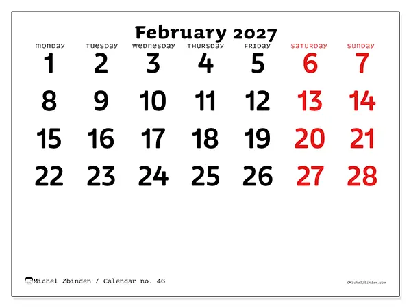 Printable February 2027 calendar - Clear vision