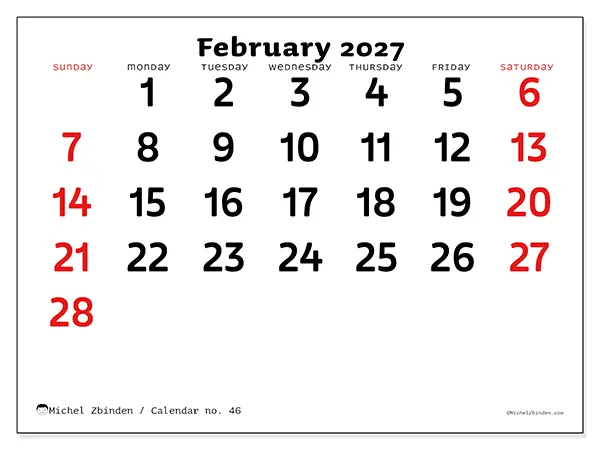 Printable February 2027 calendar - Clear vision - Week from Sunday to Saturday