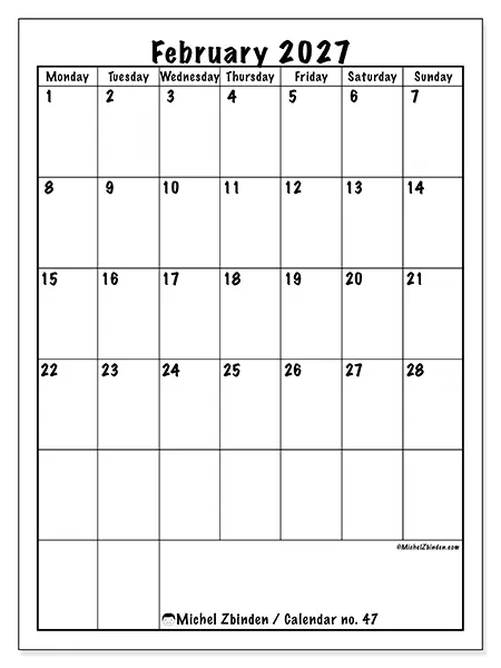 Printable February 2027 calendar - Efficient planning