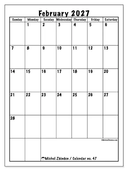 Printable February 2027 calendar - Efficient planning - Week from Sunday to Saturday