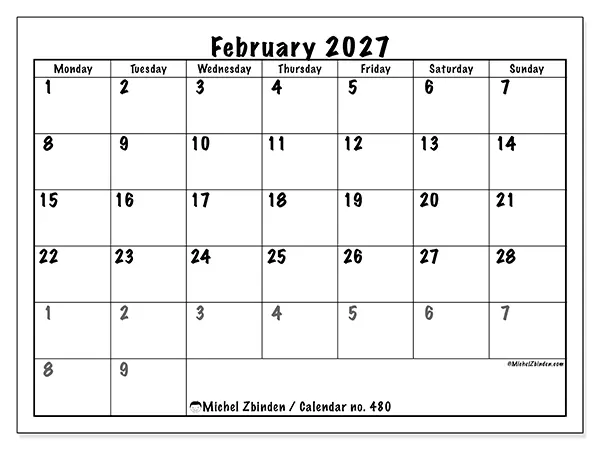 Printable February 2027 calendar - Complete planning