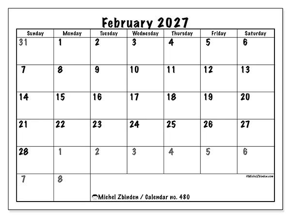 Printable February 2027 calendar - Complete planning - Week from Sunday to Saturday