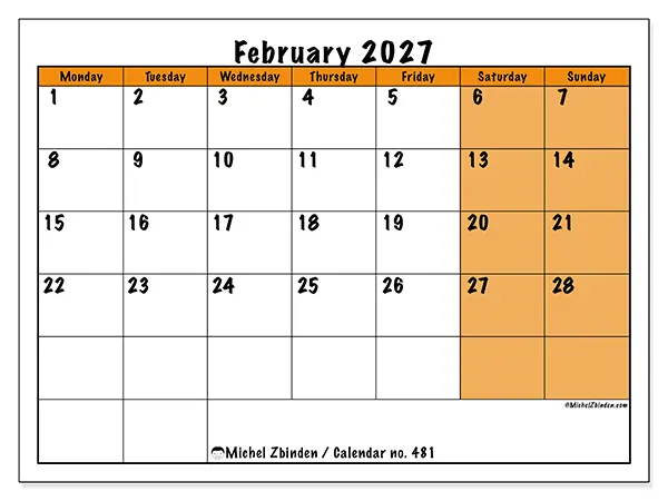 Printable February 2027 calendar - Dynamic planning